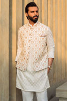 White Embroidered Raw Silk Waistcoat Kurta (3-Piece) - Image 2