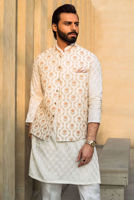 White Embroidered Raw Silk Waistcoat Kurta (3-Piece) - Image 3