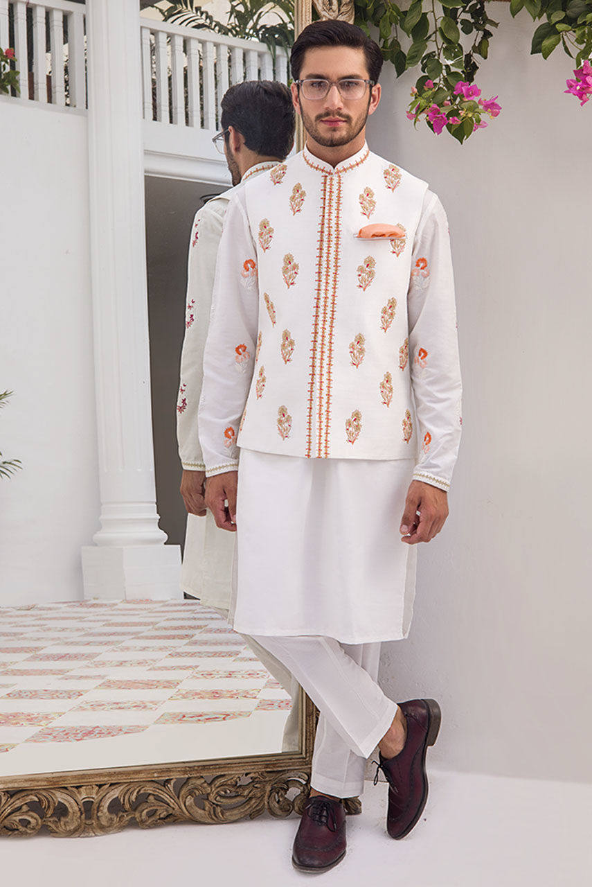 White Embroidered Raw Silk Waistcoat Kurta Set (3-Piece) - Image 1
