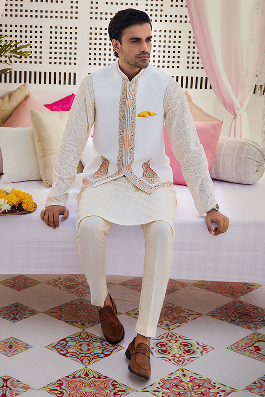 White Embroidered Raw Silk Waistcoat Kurta Pajama (3-Piece) - Image 1