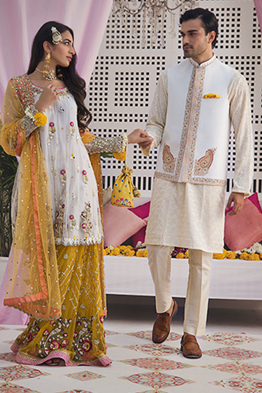 White Embroidered Raw Silk Waistcoat Kurta Pajama (3-Piece) - Image 3