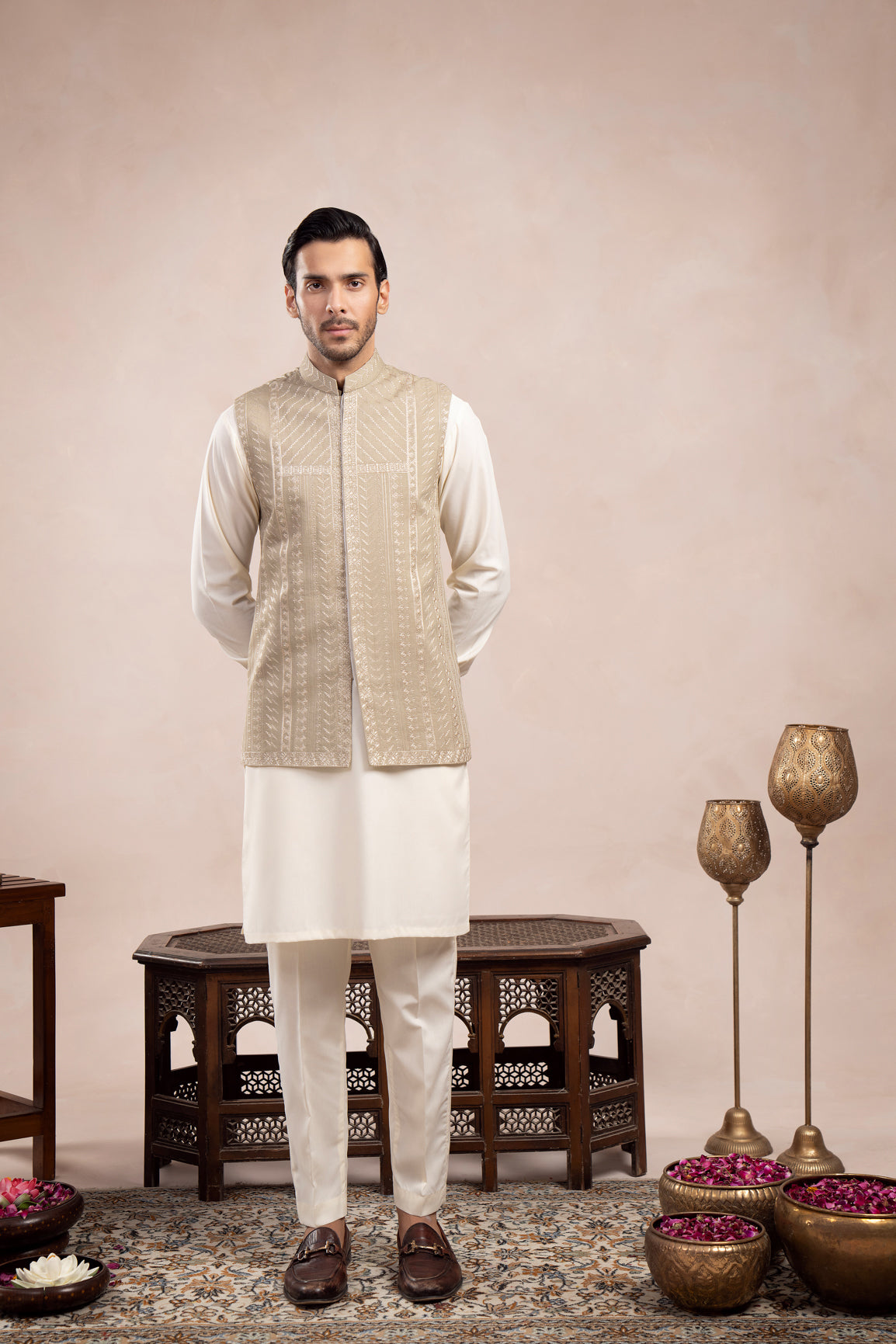 White Embroidered Raw Silk Waistcoat Kurta (3-Piece) - Image 1