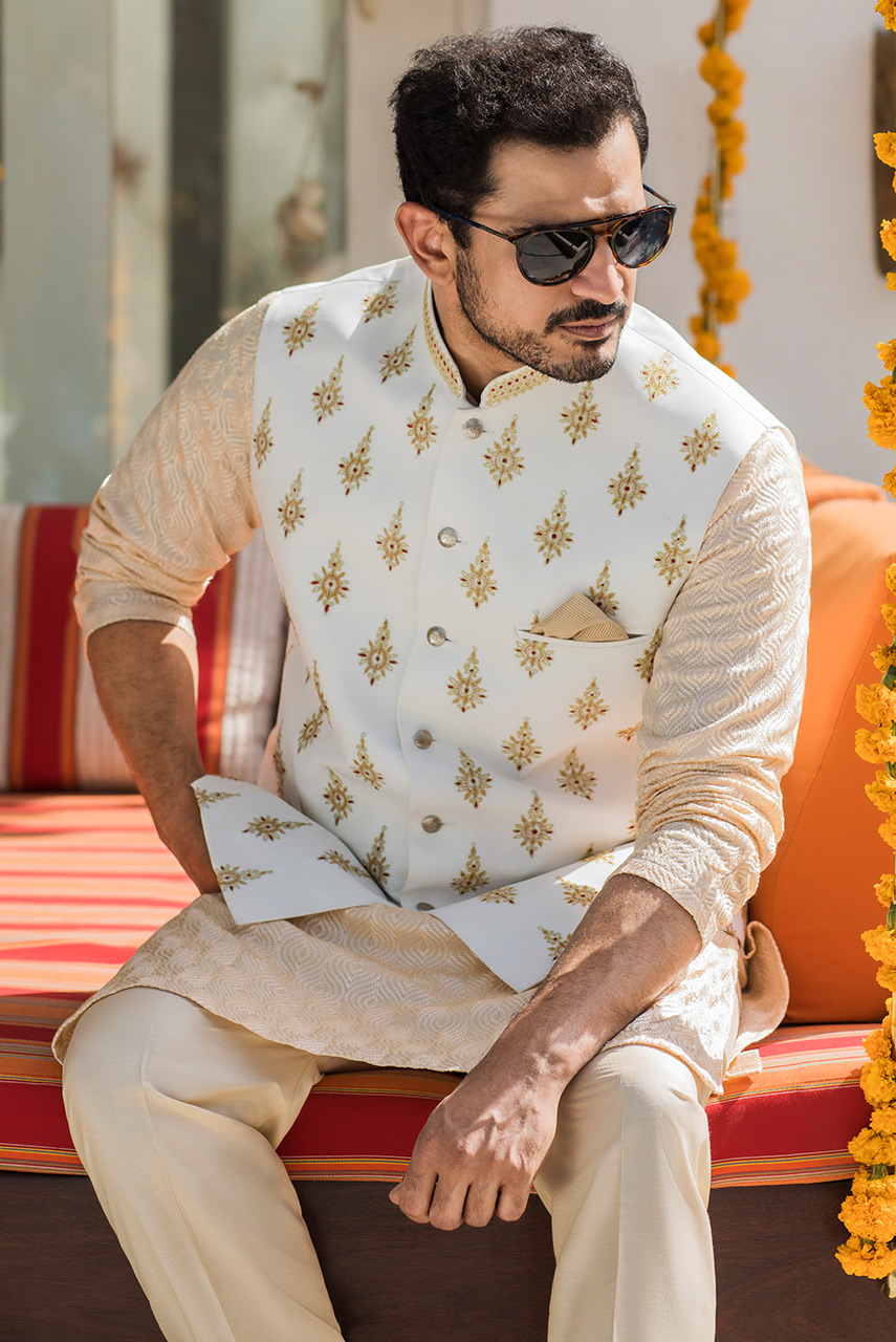 White Embroidered Raw Silk Waistcoat (3-Piece) - Image 1