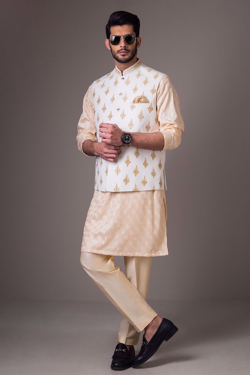 White Embroidered Raw Silk Waistcoat (3-Piece) - Image 3