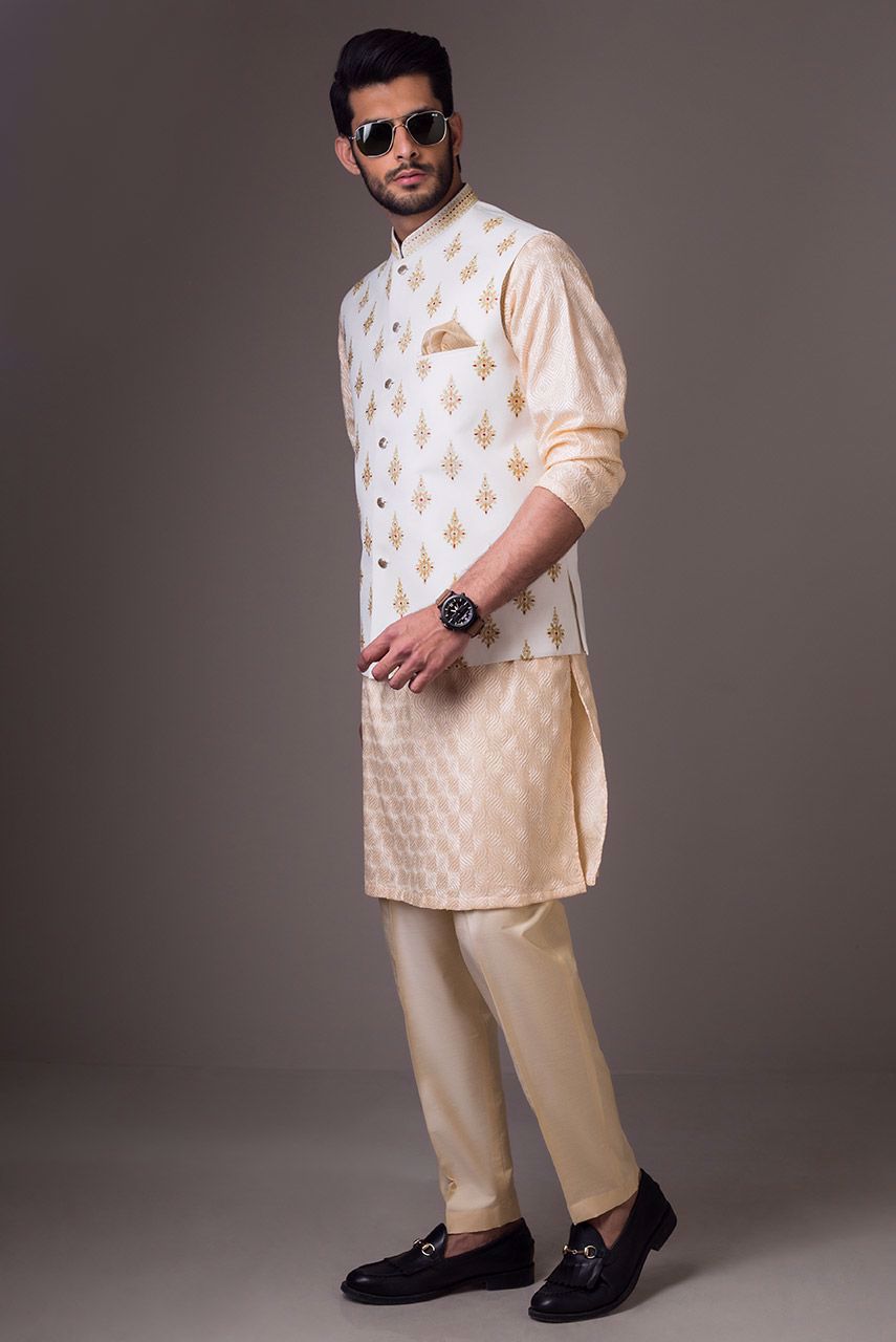 White Embroidered Raw Silk Waistcoat (3-Piece) - Image 4