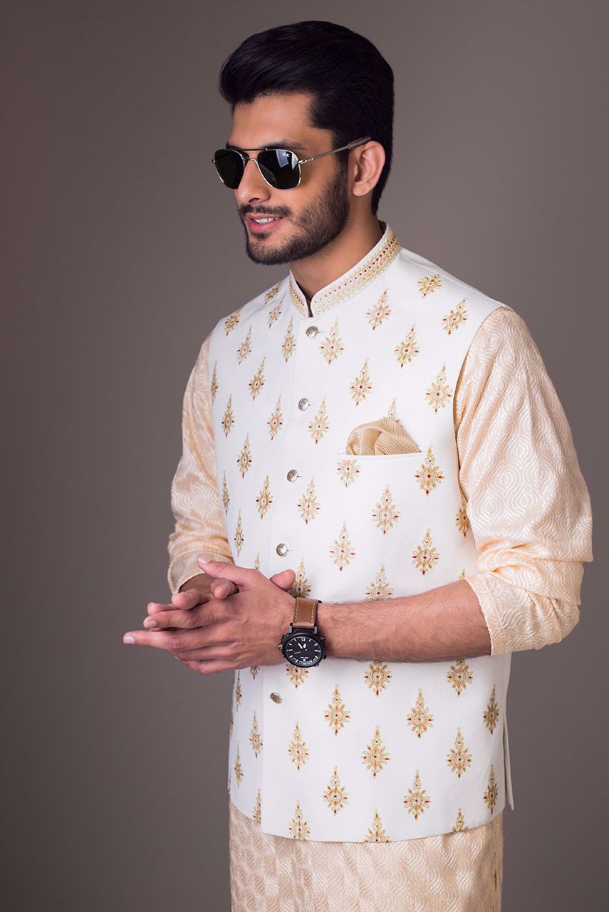 White Embroidered Raw Silk Waistcoat (3-Piece) - Image 5