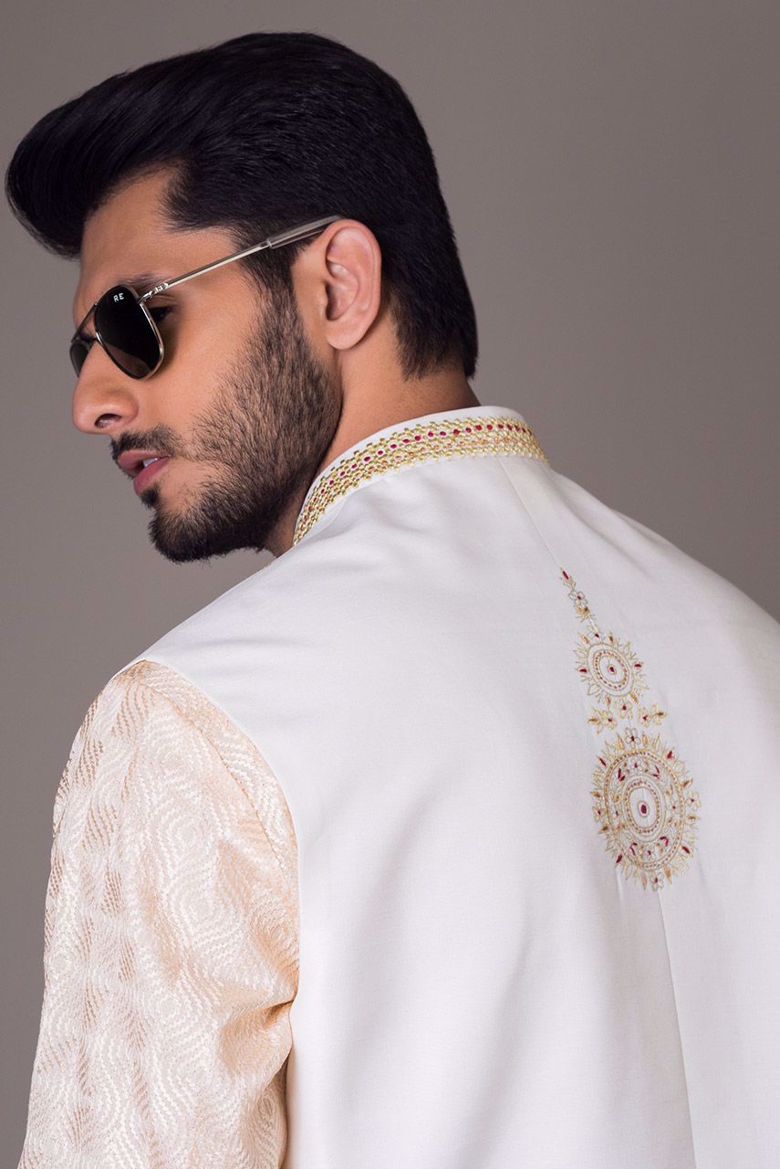 White Embroidered Raw Silk Waistcoat (3-Piece) - Image 6