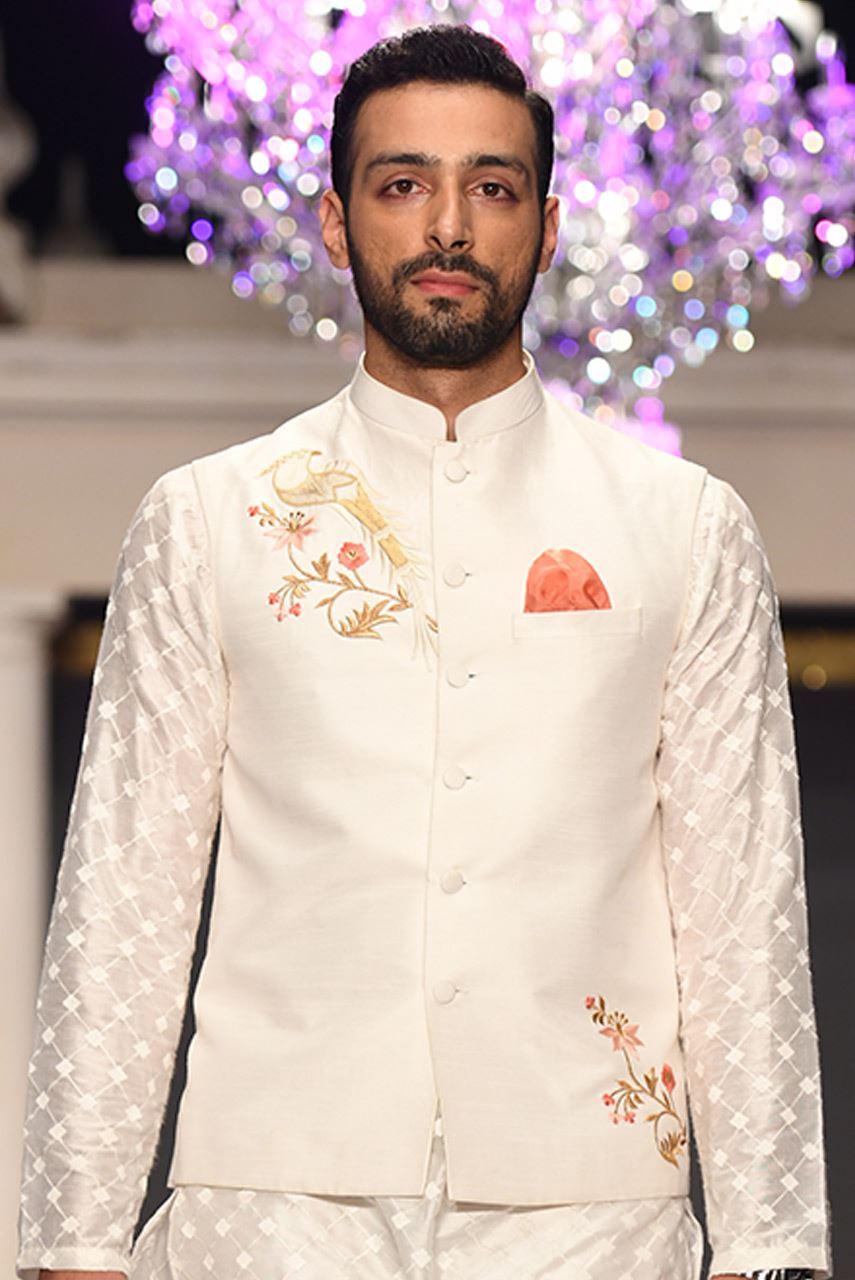 White Embroidered Raw Silk Waistcoat (3-Piece) - Image 1