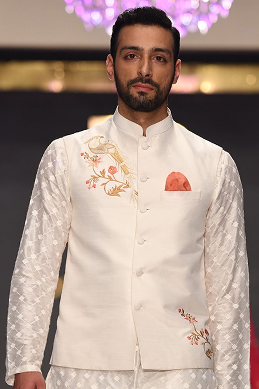 White Embroidered Raw Silk Waistcoat (3-Piece) - Image 2