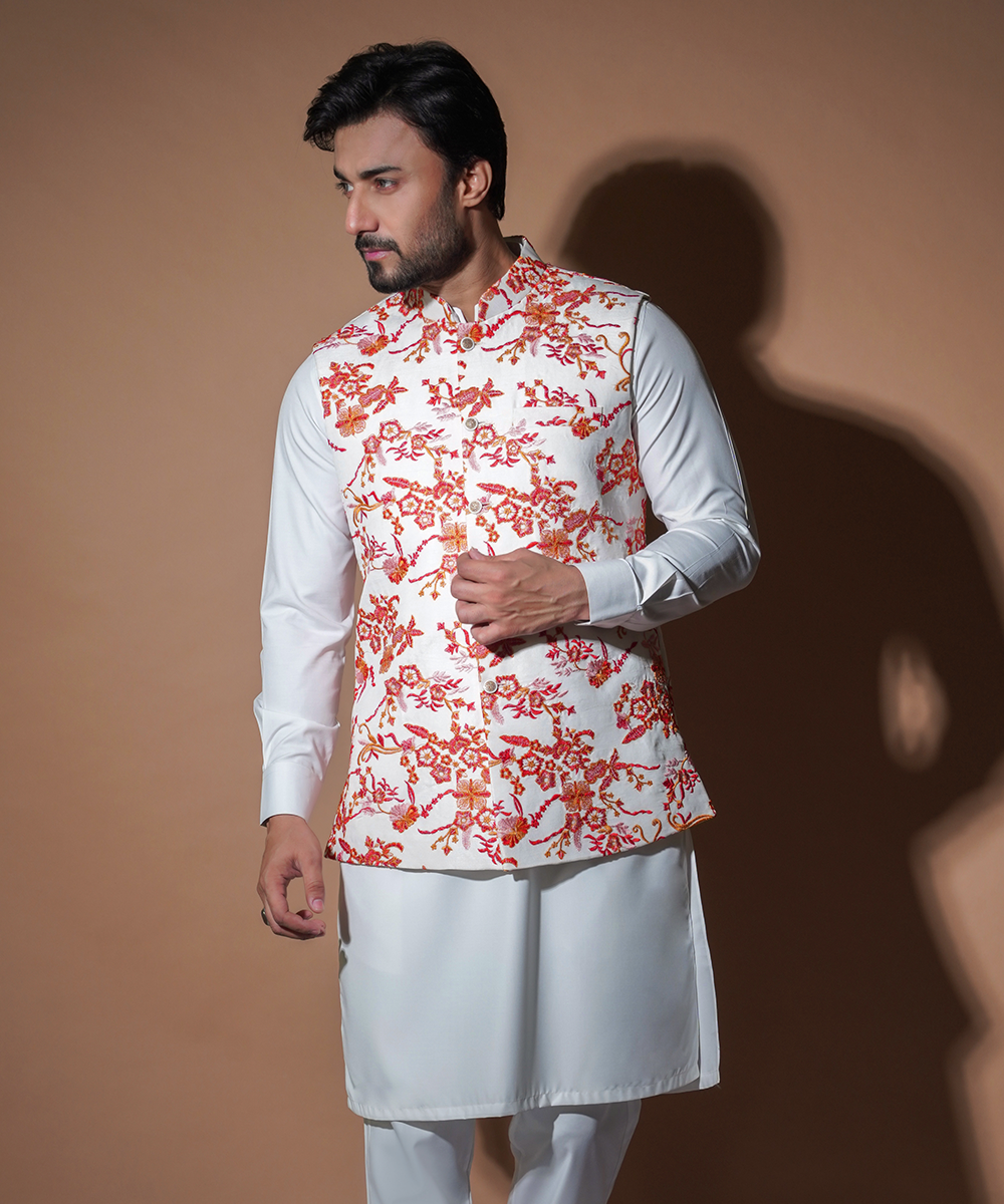 White Floral Embroidered Raw Silk Waistcoat Kurta (3-Piece) - Image 1