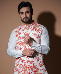 White Floral Embroidered Raw Silk Waistcoat Kurta (3-Piece) - Image 3