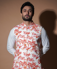 White Floral Embroidered Raw Silk Waistcoat Kurta (3-Piece) - Image 4