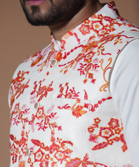 White Floral Embroidered Raw Silk Waistcoat Kurta (3-Piece) - Image 5