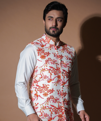 White Floral Embroidered Raw Silk Waistcoat Kurta (3-Piece) - Image 6