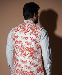 White Floral Embroidered Raw Silk Waistcoat Kurta (3-Piece) - Image 7