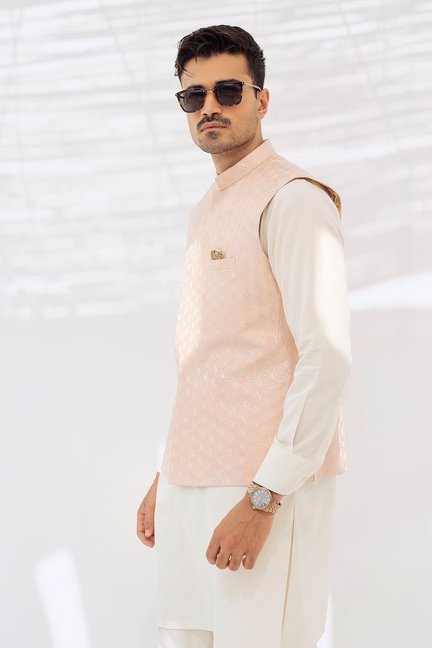 Pearl White Boski Kurta with Blush Pink Waistcoat (3-Piece) - Image 3