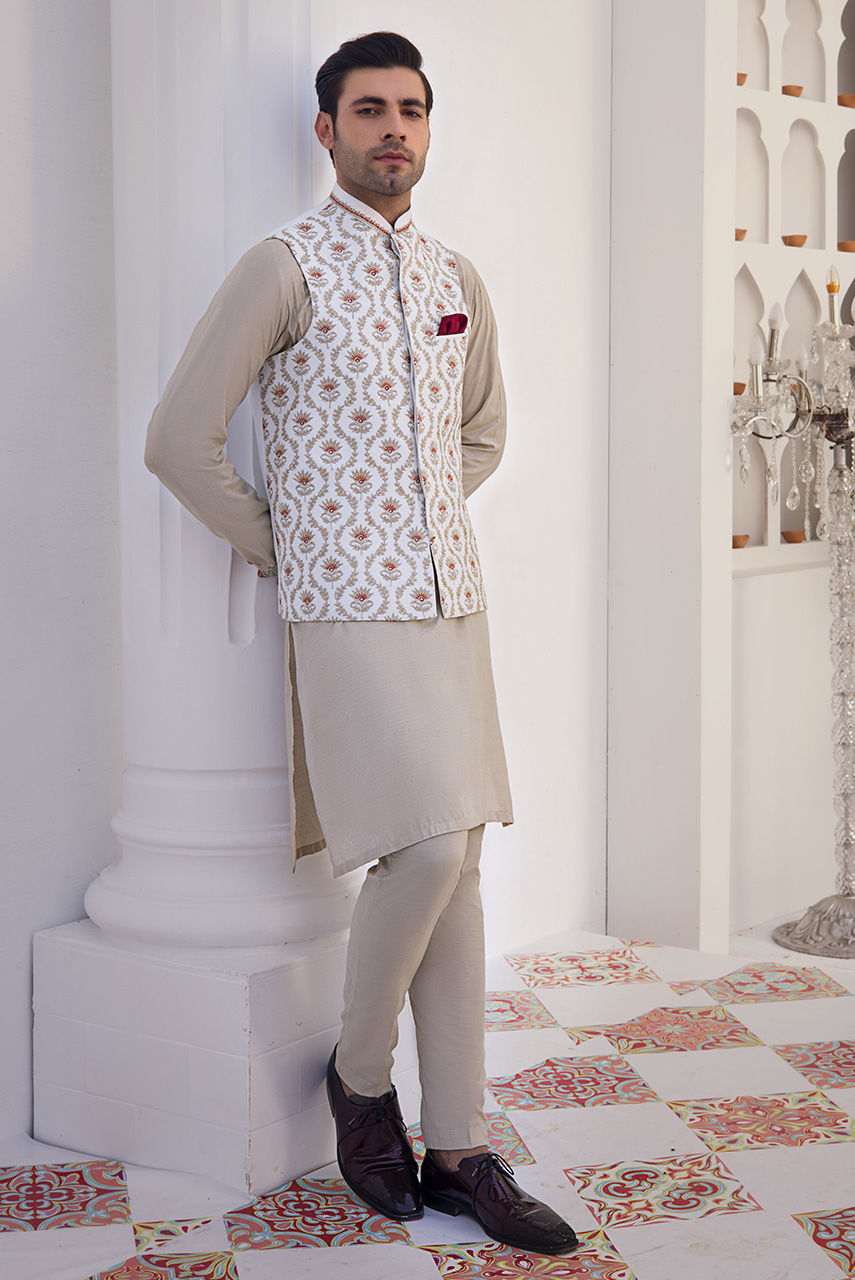 White Embroidered Raw Silk Waistcoat Kurta (3-Piece) - Image 1