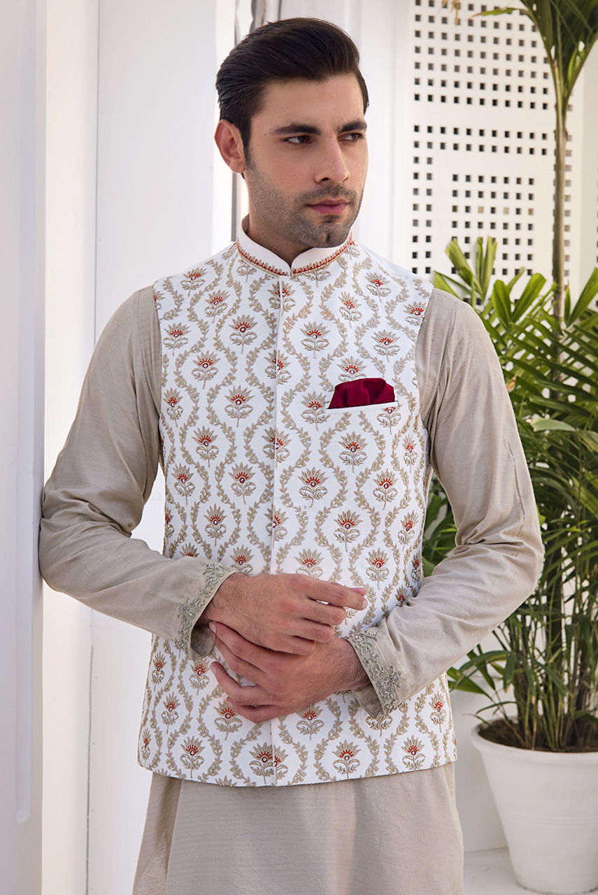 White Embroidered Raw Silk Waistcoat Kurta (3-Piece) - Image 2