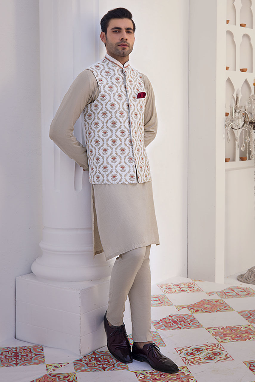 White Embroidered Raw Silk Waistcoat Kurta Pajama (3-Piece) - Image 1