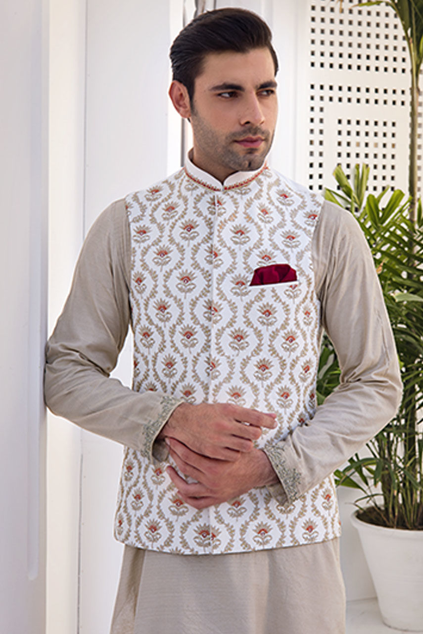 White Embroidered Raw Silk Waistcoat Kurta Pajama (3-Piece) - Image 2