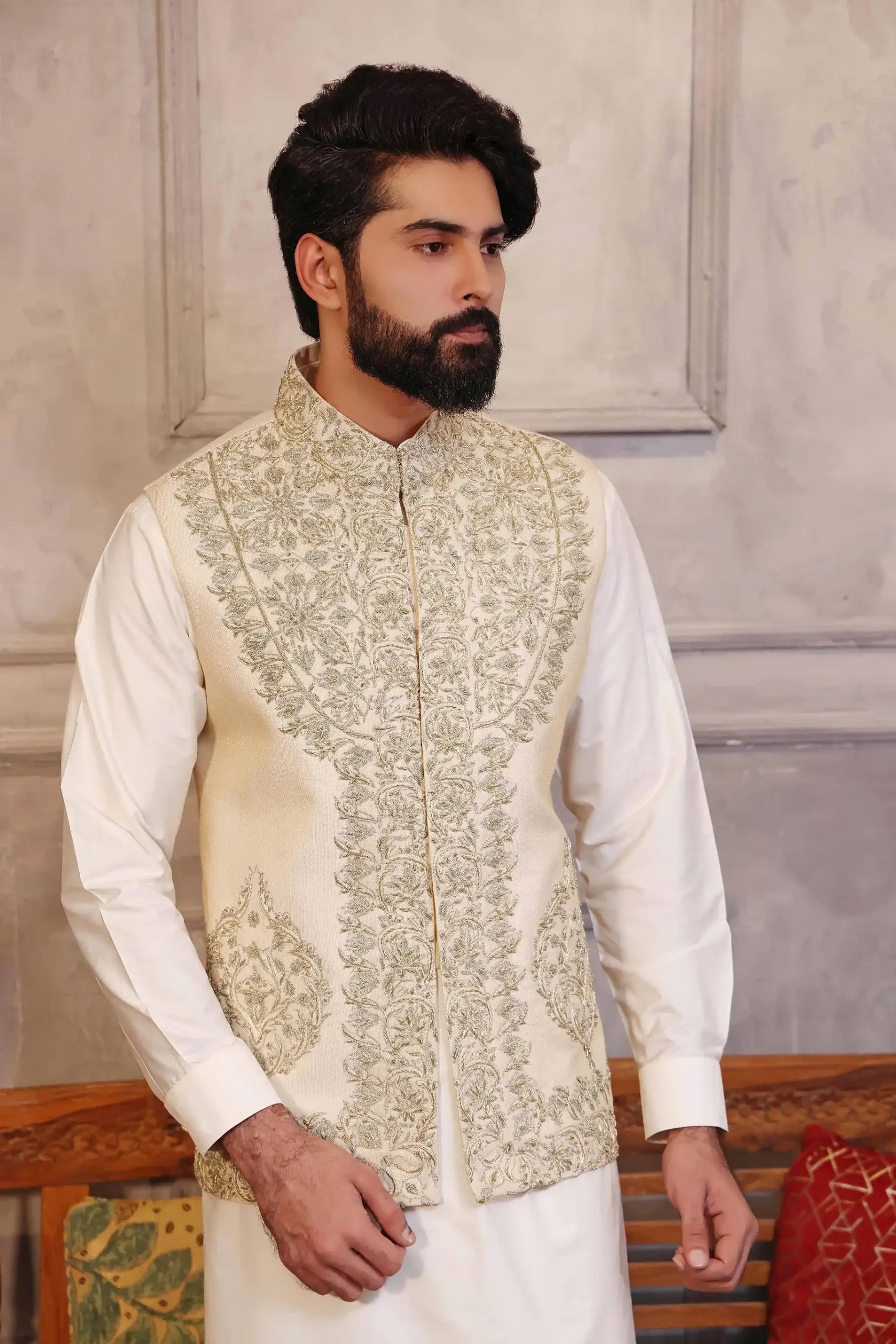 Antique White Embroidered Raw Silk Waistcoat (3-Piece) - Image 1