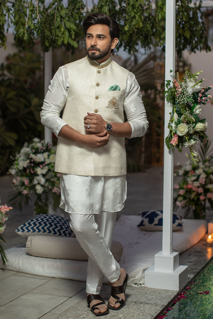 White Embroidered Raw Silk Kurta Pajama with Jamawar Waistcoat (3-Piece) - Image 1