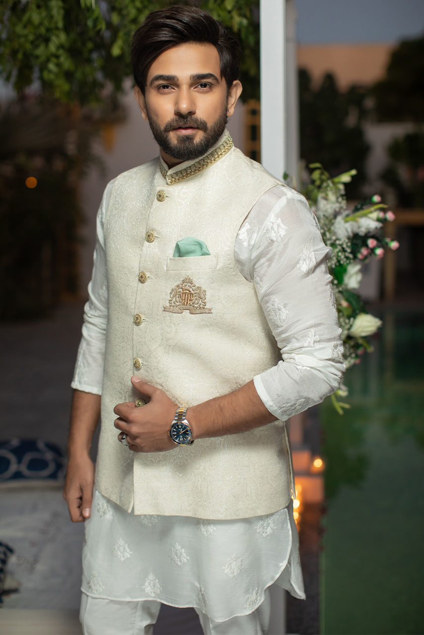 White Embroidered Raw Silk Kurta Pajama with Jamawar Waistcoat (3-Piece) - Image 2
