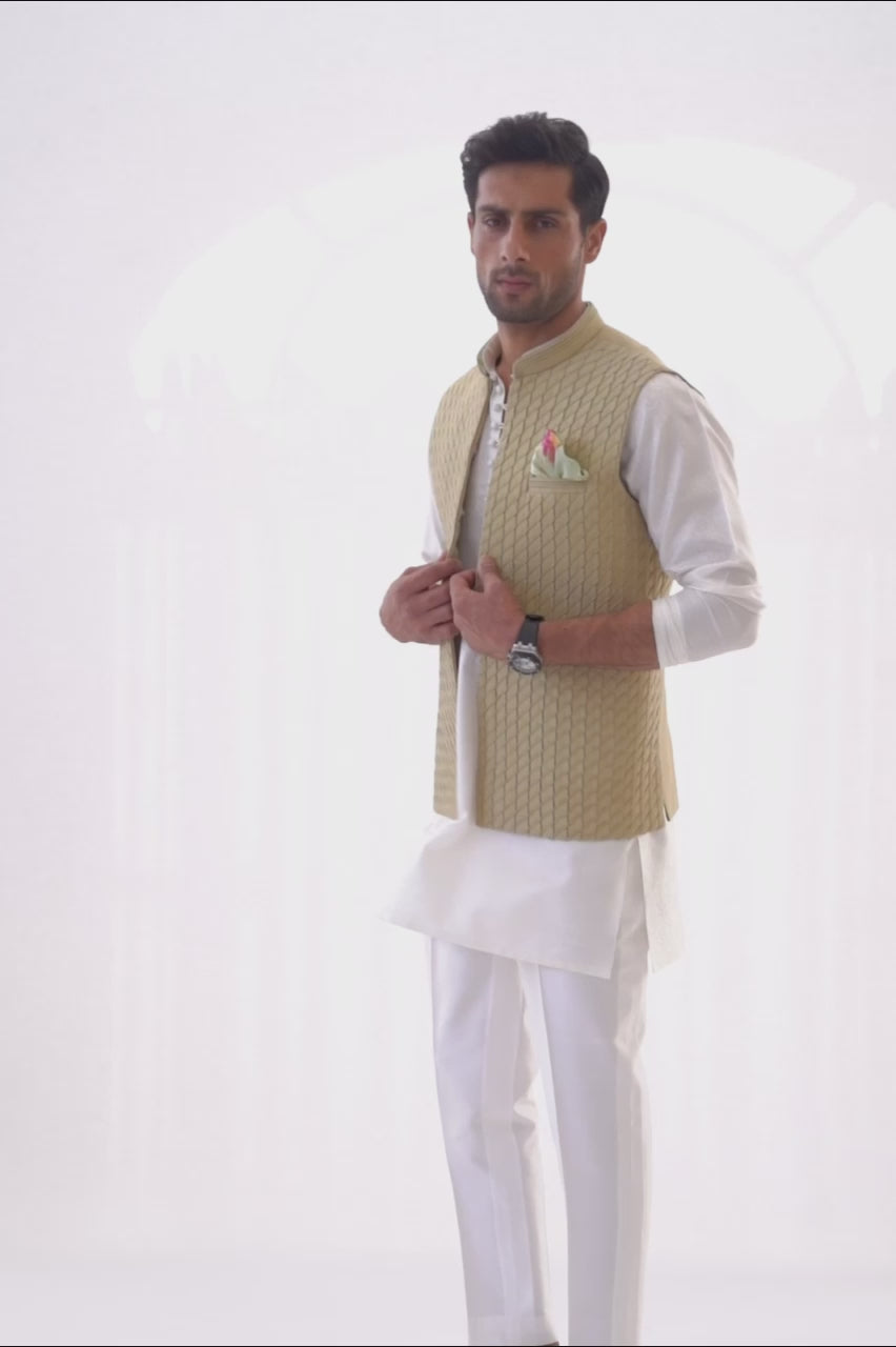 Pearl White Jamawar Kurta with Olive Quilted Waistcoat (3-Piece) - Image 4