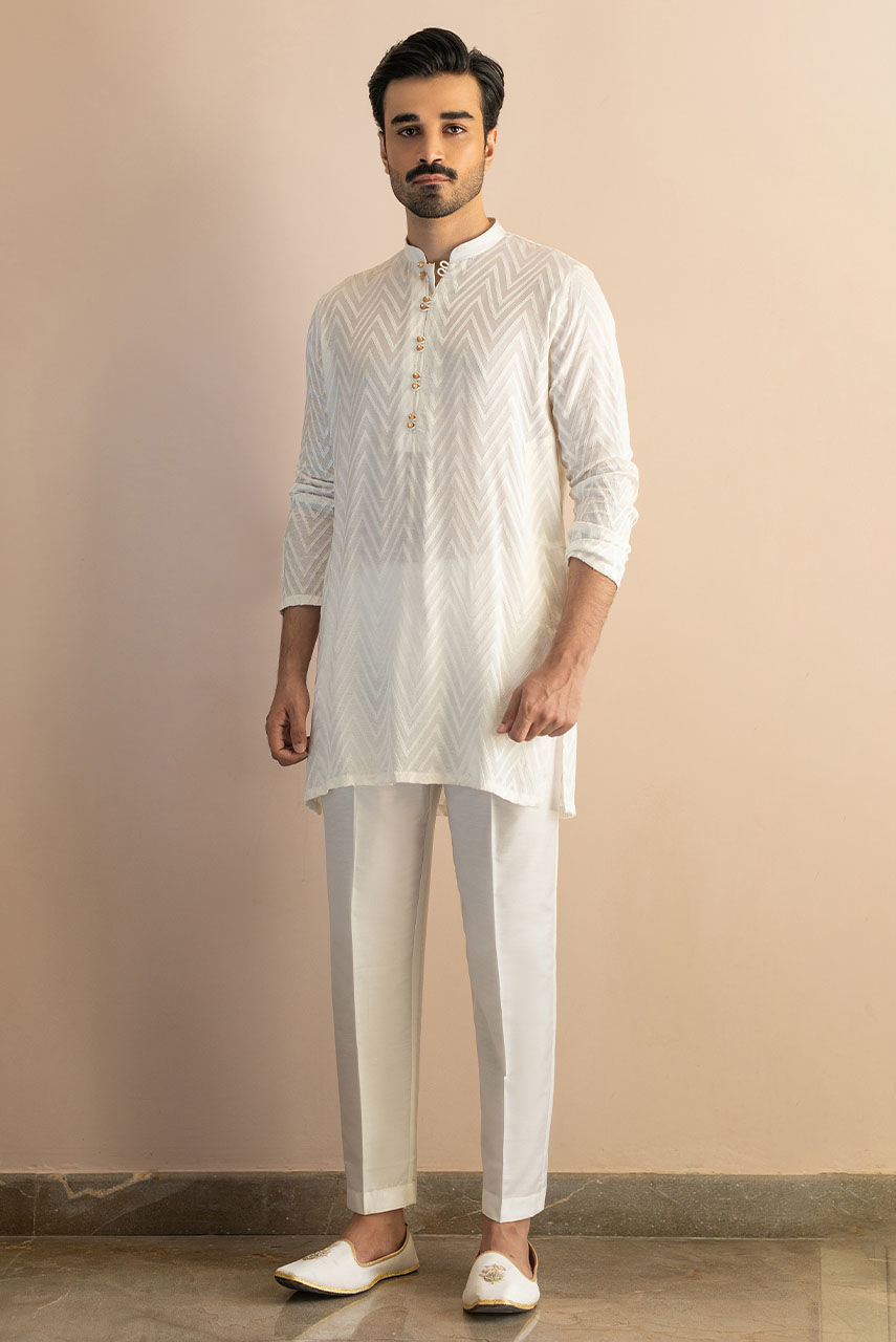 White Embroidered Raw Silk Waistcoat Kurta (3-Piece) - Image 1