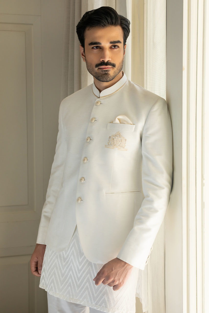White Embroidered Raw Silk Waistcoat Kurta (3-Piece) - Image 4