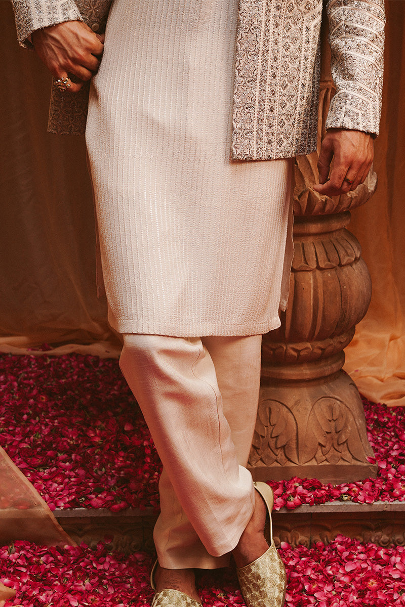 Pearl White Sequin Raw Silk Waistcoat Kurta (3-Piece) - Image 3