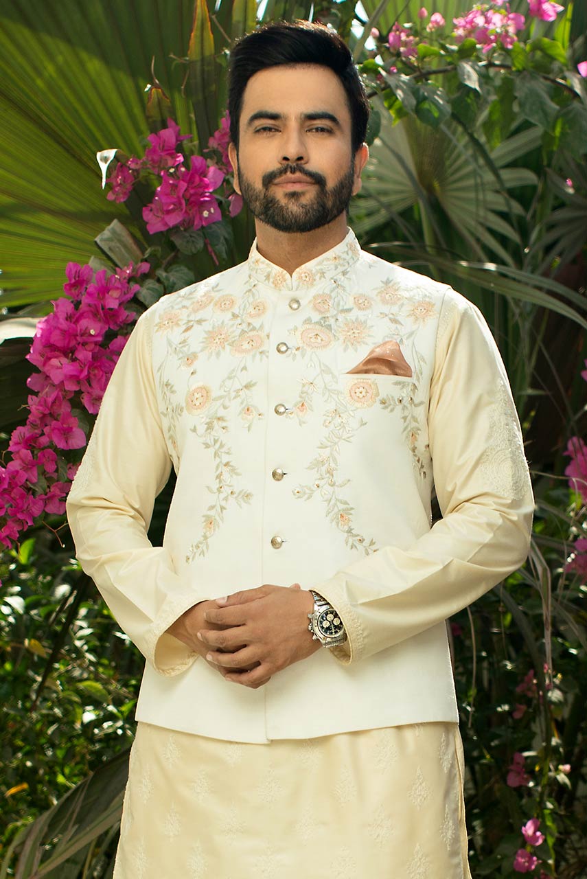 White Embroidered Raw Silk Waistcoat Kurta (3-Piece) - Image 1