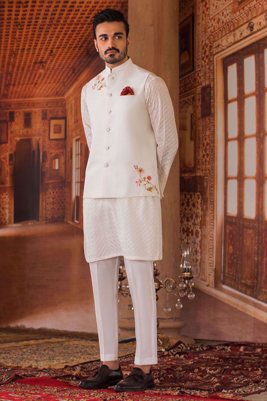 White Embroidered Raw Silk Waistcoat Kurta (3-Piece) - Image 1