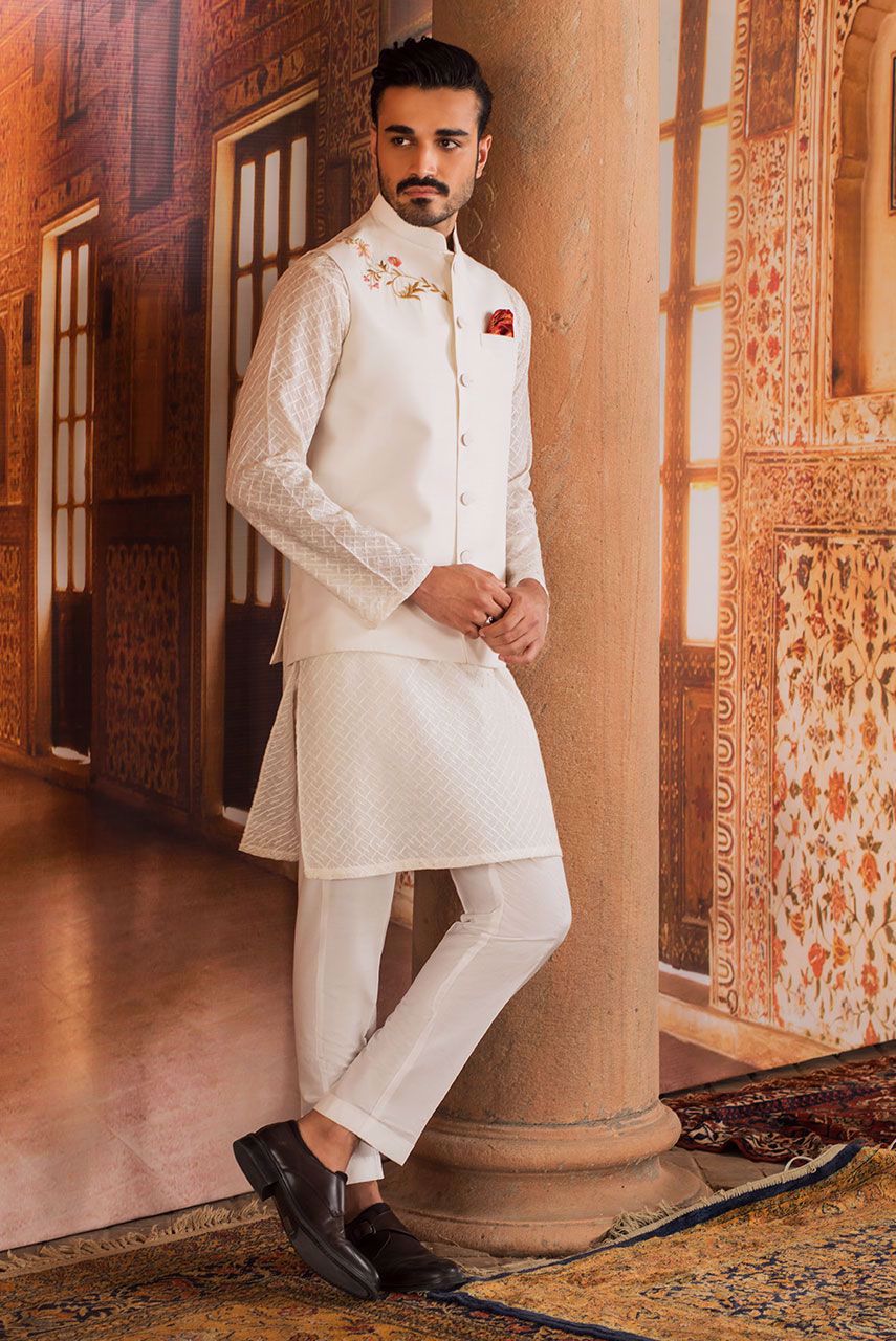 White Embroidered Raw Silk Waistcoat Kurta (3-Piece) - Image 3