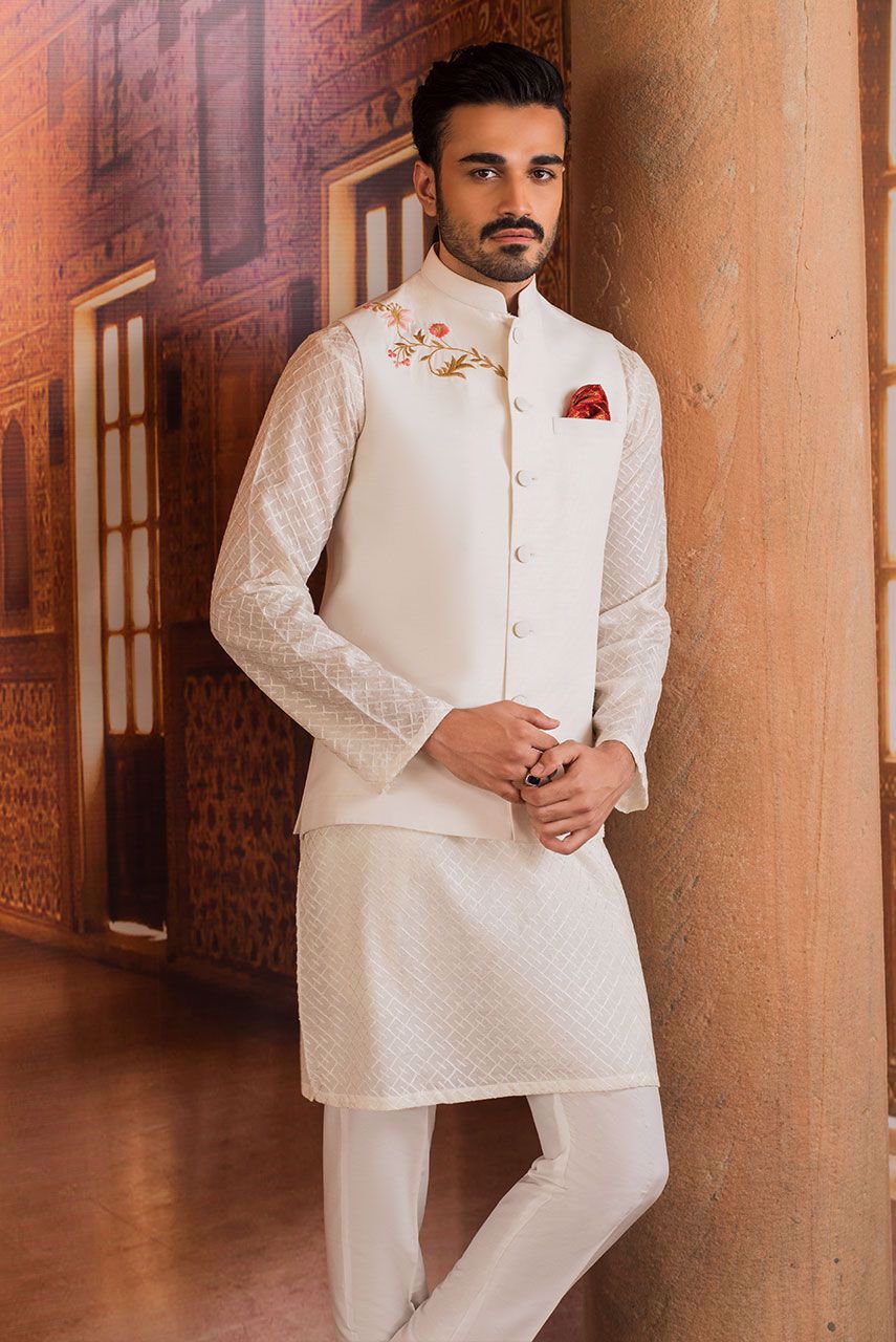 White Embroidered Raw Silk Waistcoat Kurta (3-Piece) - Image 4