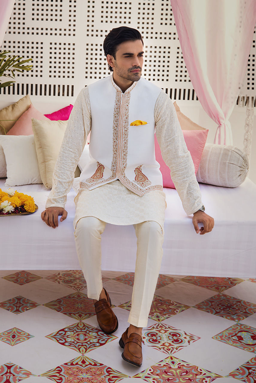 White Embroidered Raw Silk Waistcoat Kurta Set (3-Piece) - Image 1