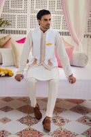 White Embroidered Raw Silk Waistcoat Kurta Set (3-Piece) - Image 2