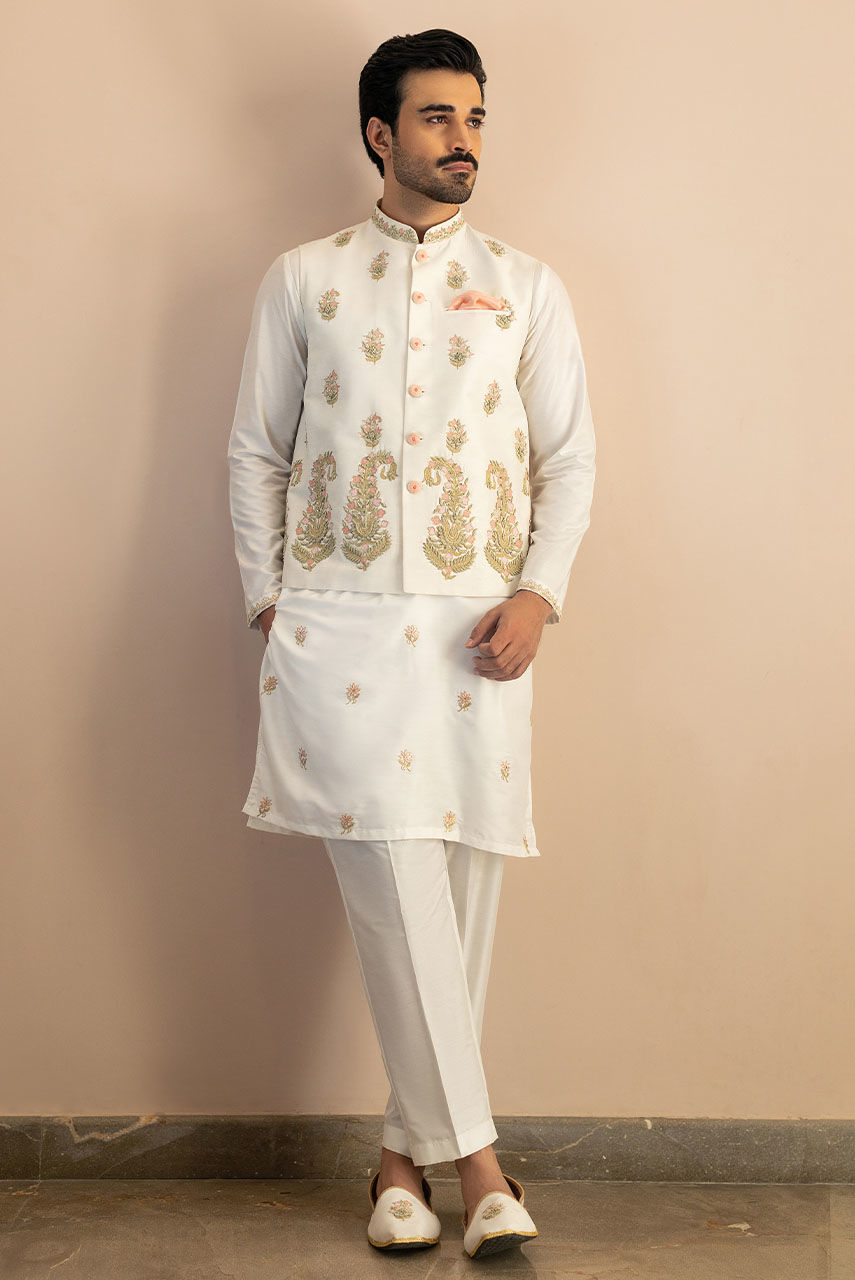 White Copper Embroidered Raw Silk Waistcoat Kurta (3-Piece) - Image 1