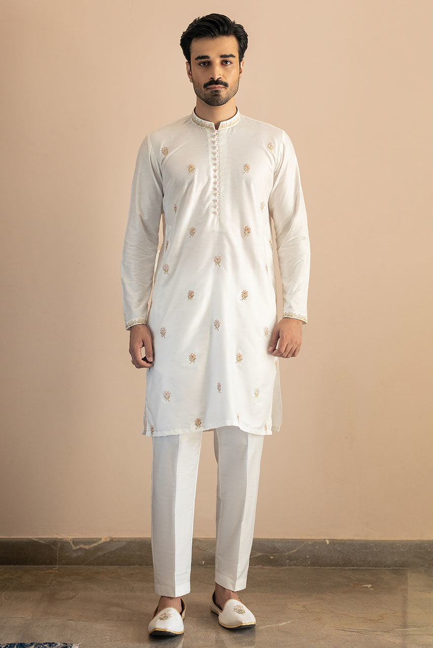 White Copper Embroidered Raw Silk Waistcoat Kurta (3-Piece) - Image 3