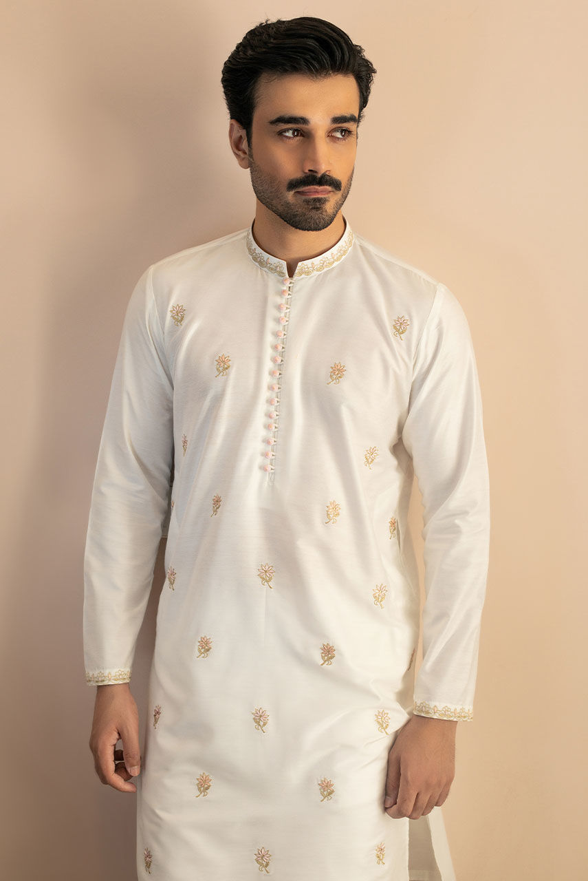 White Copper Embroidered Raw Silk Waistcoat Kurta (3-Piece) - Image 4