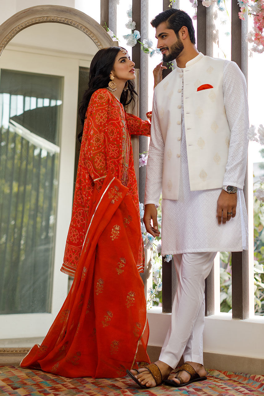 White Embroidered Raw Silk Waistcoat (3-Piece) - Image 9