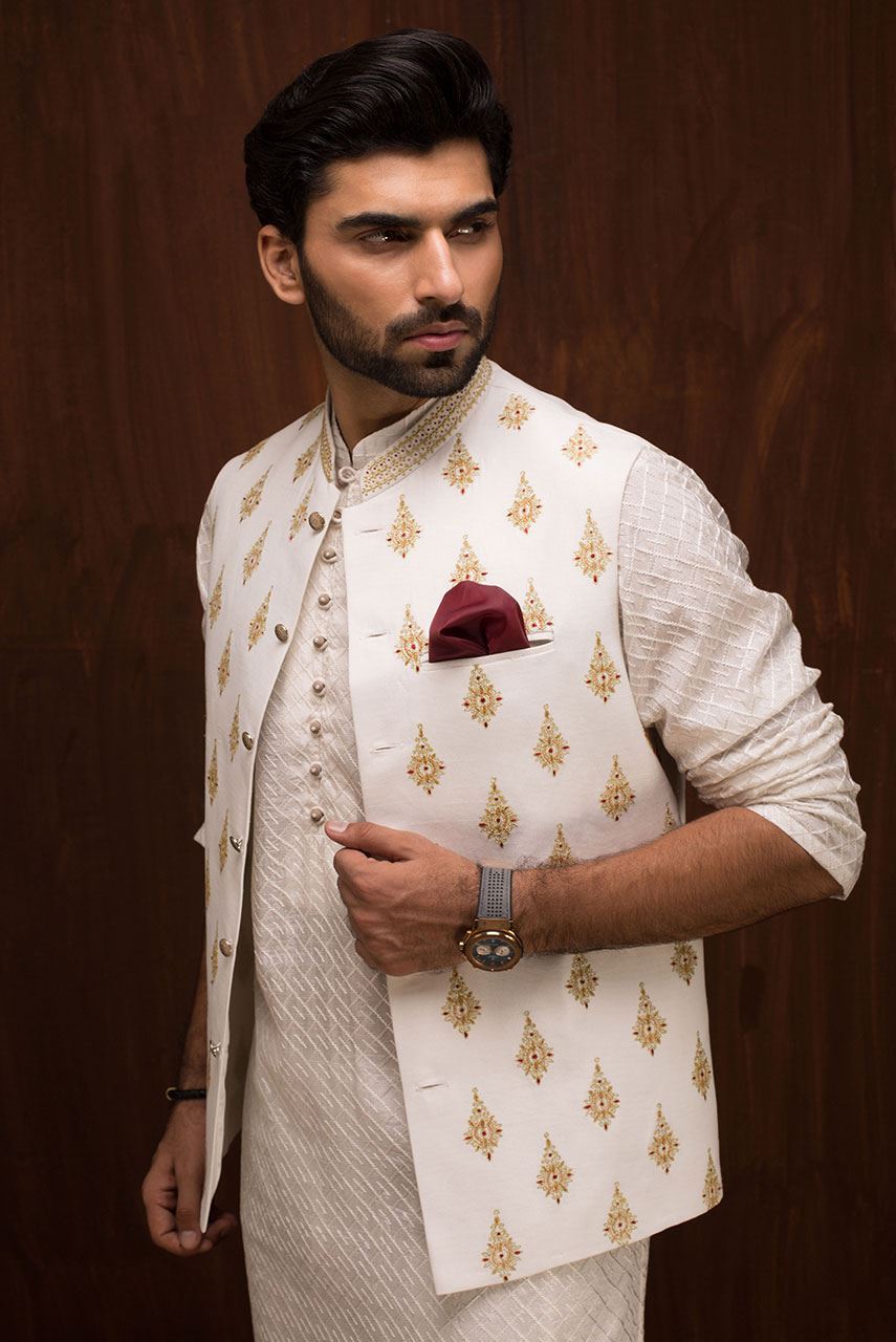 White Embroidered Raw Silk Waistcoat (2-Piece) - Image 1