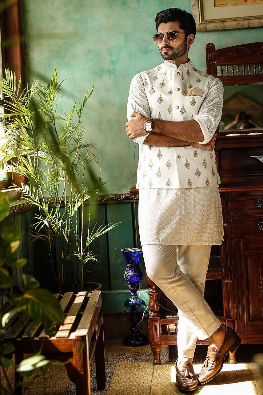 White Embroidered Chiffon Kurta with Raw Silk Waistcoat (3-Piece) - Image 1