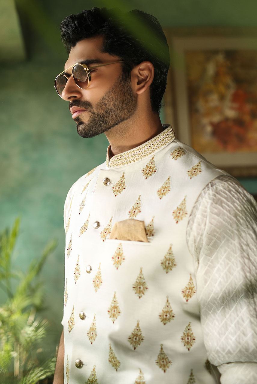 White Embroidered Chiffon Kurta with Raw Silk Waistcoat (3-Piece) - Image 2