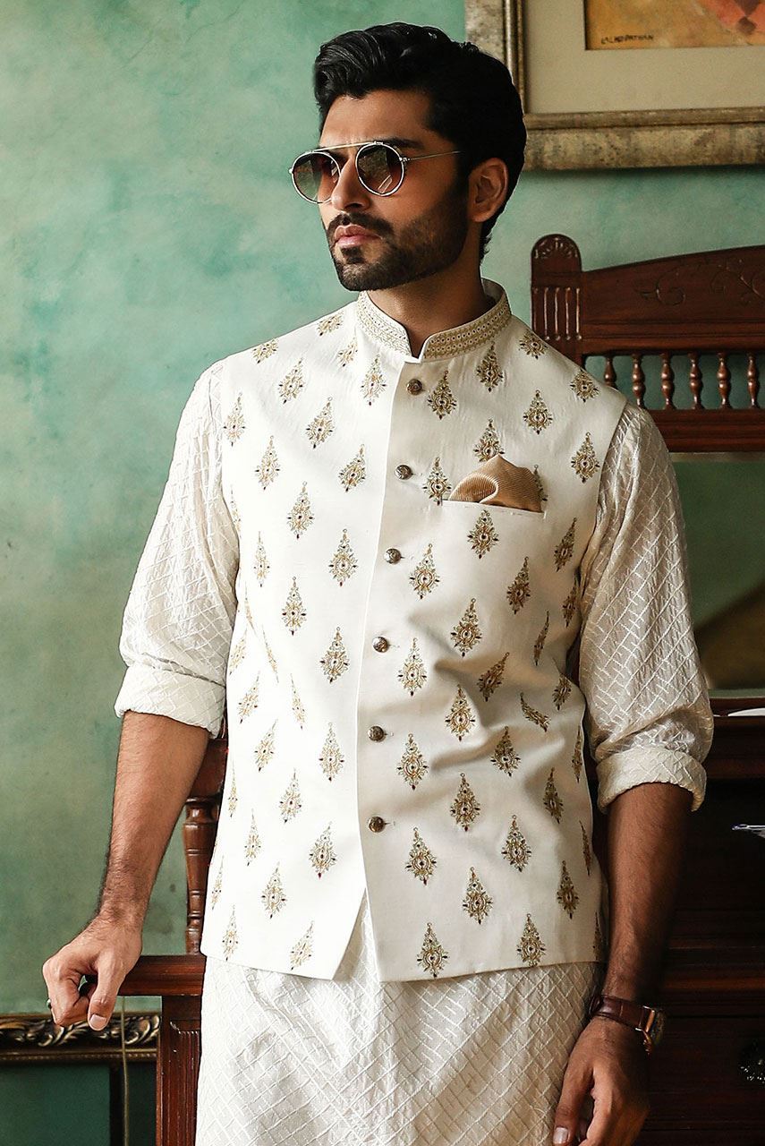White Embroidered Chiffon Kurta with Raw Silk Waistcoat (3-Piece) - Image 3