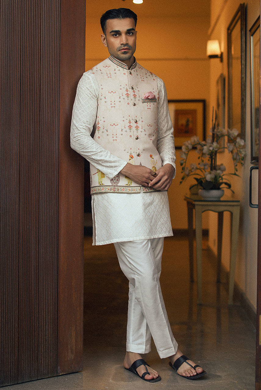 White Embroidered Raw Silk Kurta Pajama (3-Piece) - Image 1
