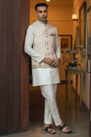 White Embroidered Raw Silk Kurta Pajama (3-Piece) - Image 2