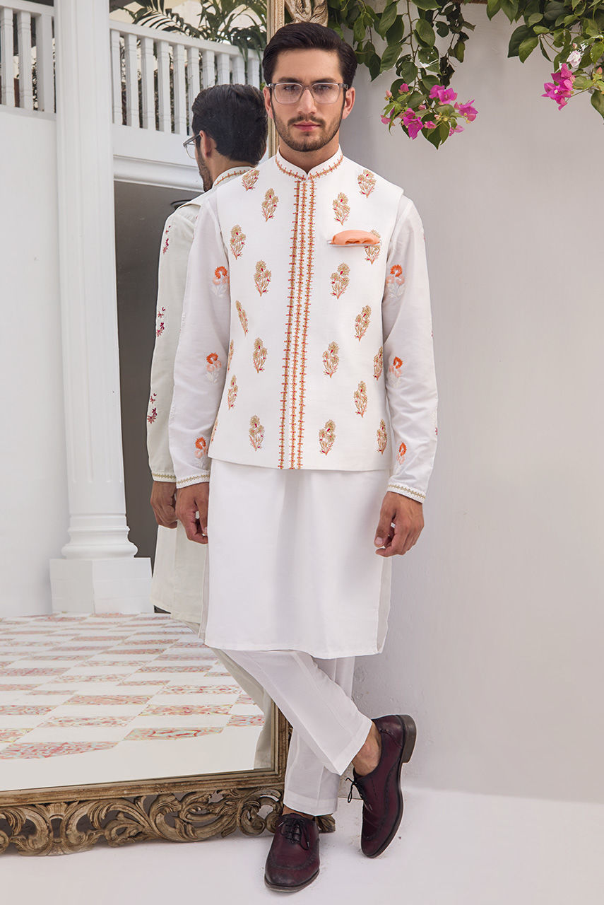 White Embroidered Raw Silk Waistcoat Kurta (3-Piece) - Image 1