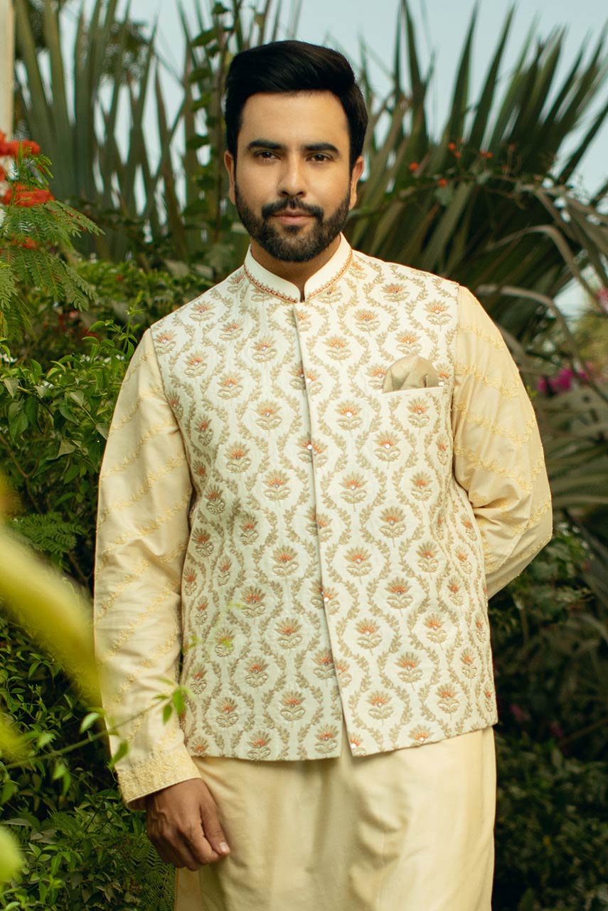 White Embroidered Raw Silk Waistcoat Kurta (3-Piece) - Image 1