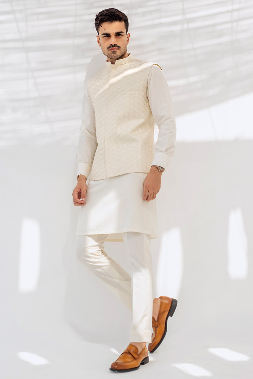 Pearl White Boski Kurta with Embroidered Waistcoat (3-Piece) - Image 1